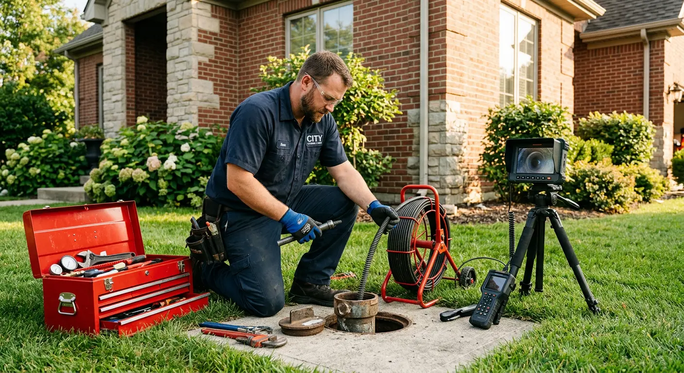 Sewer specialist with camera equipment servicing a cleanout in Rolla
