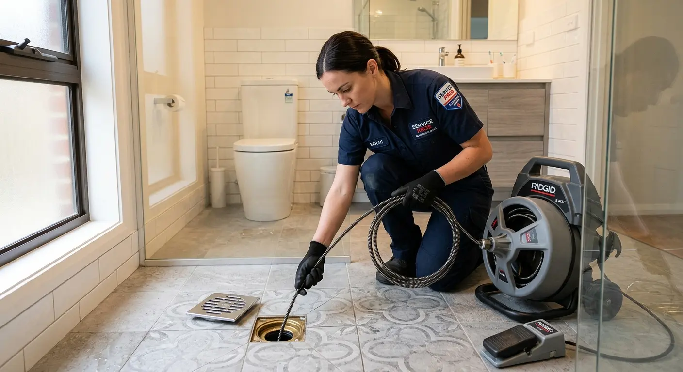 Technician clearing a bathroom floor drain for Sewer Line Installation in Rolla